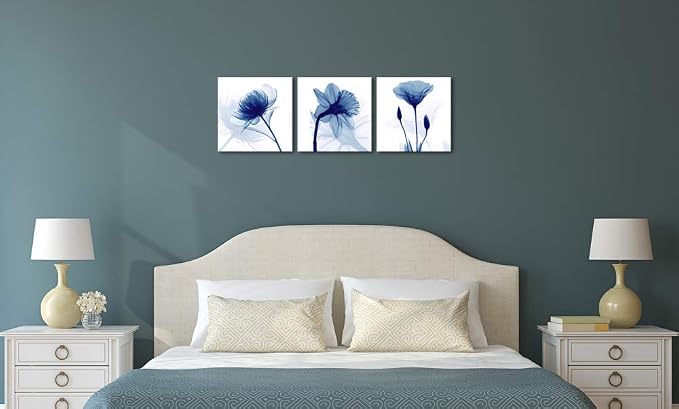 Wieco Art Blue Abstract Flowers 3 Panels Giclee Canvas Prints Wall Art Modern - Image 4
