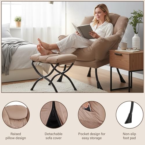 Welnow Lazy Chair with Ottoman, Reading Chair with Footrest, Light Brown - Image 4