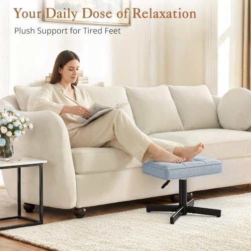 LUE BONA Adjustable Vanity Stool, 15''-19.5'' Foot Rest Under Desk, 360° Swivel Vanity Chair for Makeup Room, Blue Upholstered Faux Leather Ottoman for Bathroom & Living Room, 300lbs - Image 5