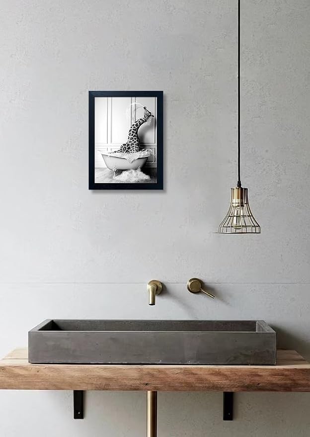 Black and White Bathroom Wall Decor Funny Giraffe in Bathtub Decor Framed - Image 6