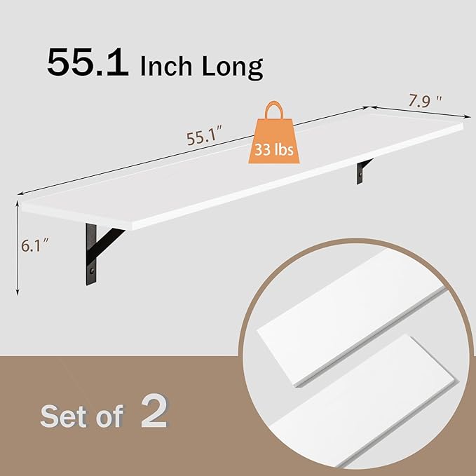 DINZI LVJ Long Wall Shelves, 55.1Inch Wall Mounted Shelves Set of 2, Extra - Image 3