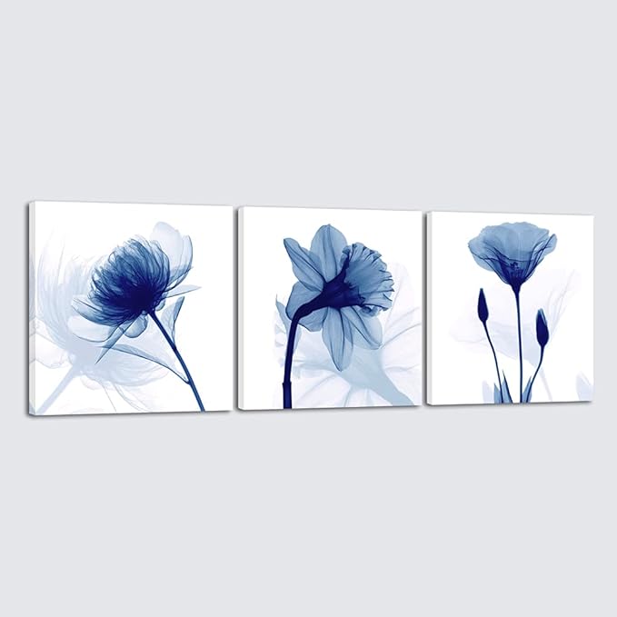 Wieco Art Blue Abstract Flowers 3 Panels Canvas Prints Wall Art Modern Pictures by WiecoArt