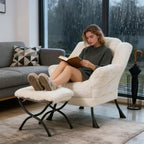 Welnow Lazy Chair with Ottoman, Reading Chair with Footrest, Cream - Image 2