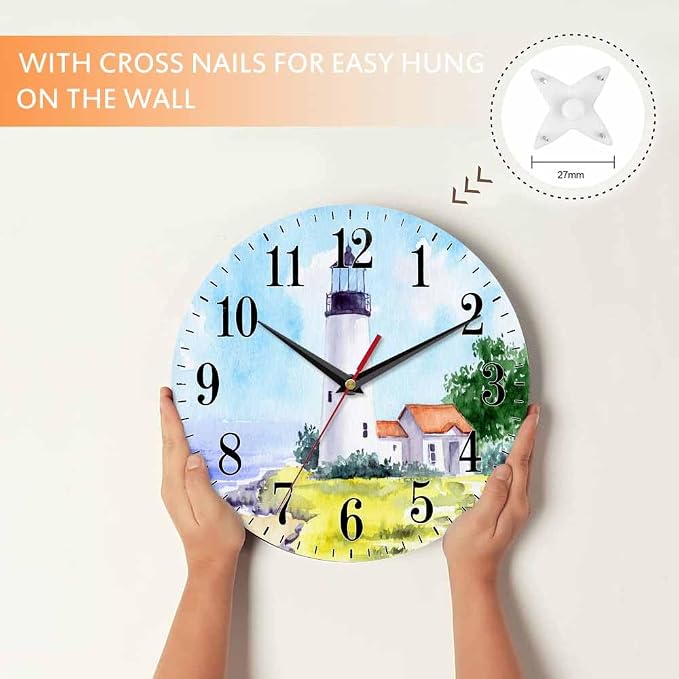 Mxocom Watercolor Lighthouse Wall Clock Building Green Hill Blue Skies House - Image 4