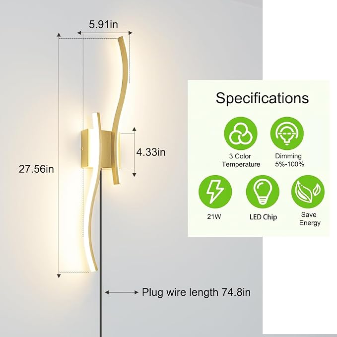 Daunton Modern Plug in Wall Sconce Set of 2, 3CCT Adjustable & Memory Function - Image 7