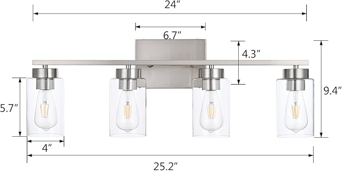 4 Light Bathroom Vanity Light Fixtures, Brush Nickel Modern Wall Lights - Image 3