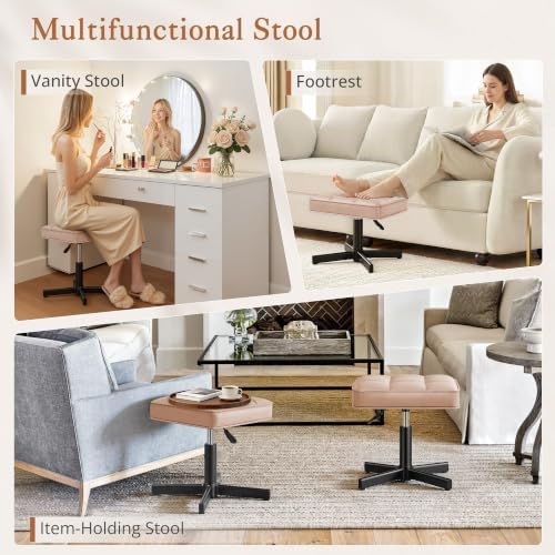 LUE BONA Adjustable Vanity Stool, 15''-19.5'' Foot Rest Under Desk, 360° Swivel Vanity Chair for Makeup Room, Rose Gold Upholstered Faux Leather Ottoman for Bathroom & Living Room, 300lbs - Image 6