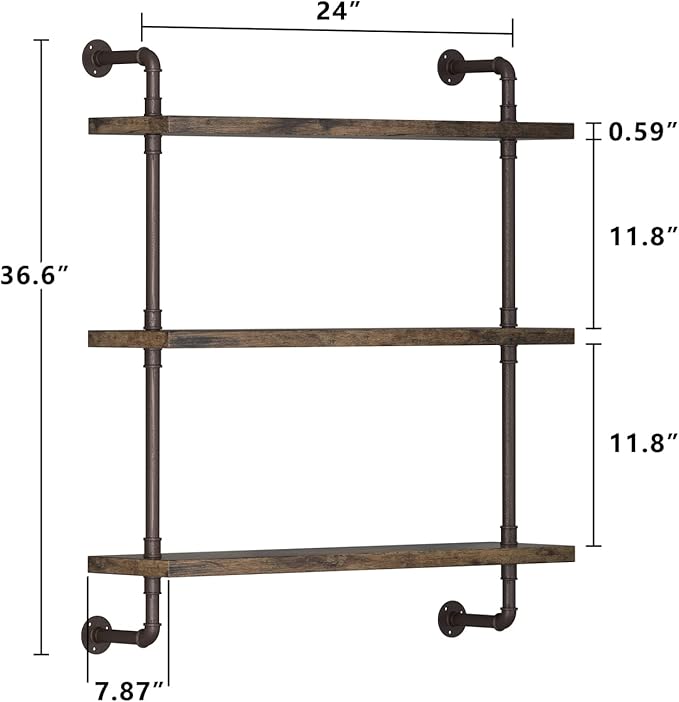 Industrial Pipe Shelf Wall Mounted, Rustic Wood Floating Shelves, 3 Tier Wall - Image 2