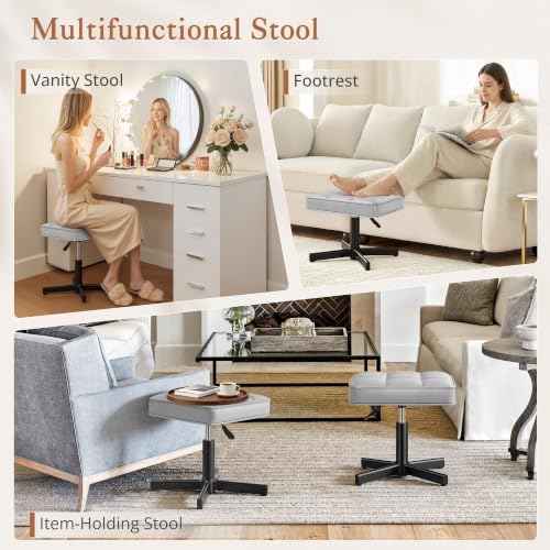 LUE BONA Adjustable Vanity Stool, 15''-19.5'' Foot Rest Under Desk, 360° Swivel Vanity Chair for Makeup Room, Silver Upholstered Faux Leather Ottoman for Bathroom & Living Room, 300lbs - Image 6