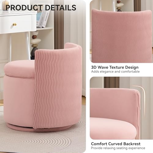 WUTUTUEE Large Velvet Vanity Chair with Storage, 360° Swivel Makeup Chair with Wave Back, No Assembly Small Accent Stool for Bedroom, Dressing, Living Room, Pink - Image 3