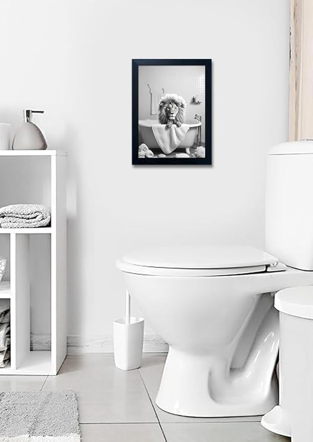 Framed Black and White Animal Bathroom Wall Art Funny Lion in tub Bathroom - Image 9