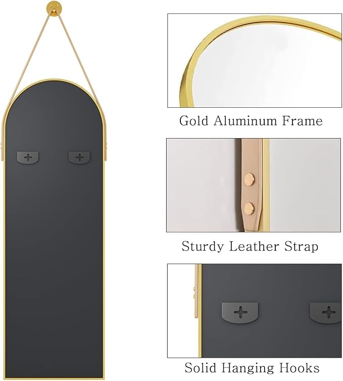 16"x48" Hanging Mirror with Leather Strap, Arched Full Length Mirror with - Image 6