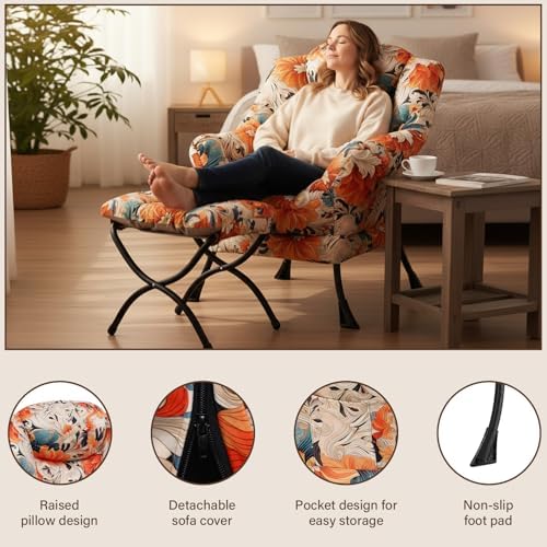 Welnow Lazy Chair with Ottoman, Reading Chair with Footrest,Orange Blue - Image 4
