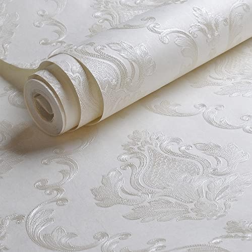 AMINAH DECO Cream White Damask Decorative Textured Floral Wallpaper Non-Woven - Image 2