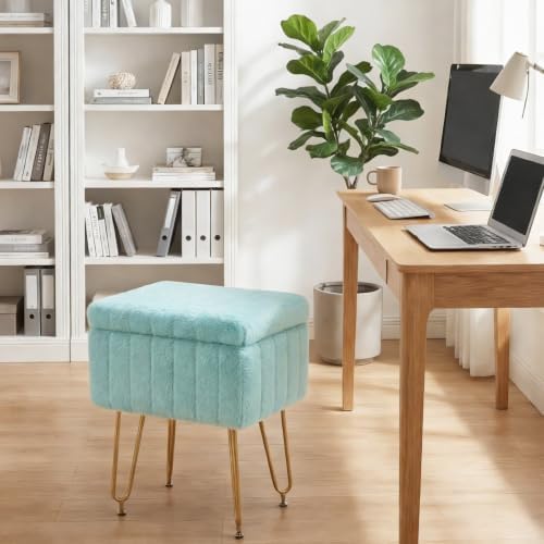 DUMOS Vanity Stool Chair, Ottoman with Storage, Makeup Cute Soft Small Footstool, Modern Style Faux Fur Seat with 4 Metal Legs & Adjustable Feet for Dressing, Living Room, Bedroom, Dorm, Sage - Image 2