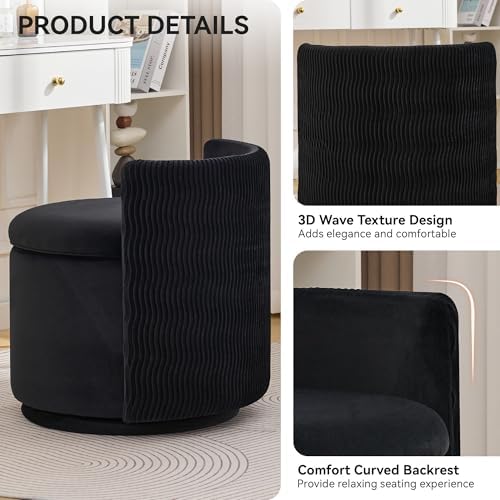WUTUTUEE Large Velvet Vanity Chair with Storage, 360° Swivel Makeup Chair with Wave Back, No Assembly Small Accent Stool for Bedroom, Dressing, Living Room, Black - Image 3