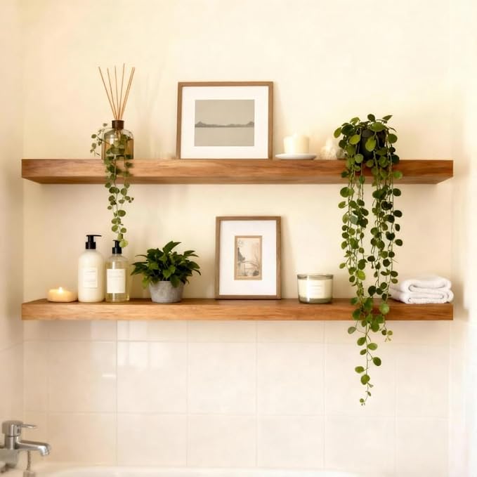 ROGMARS 36 Inches Long Walnut Floating Shelves, Rustic Solid Wood Farmhouse - Image 7