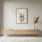 Wooden Frame Zen Stone Canvas Wall Art, Stacked Stones in Water Poster Print. - Image 3