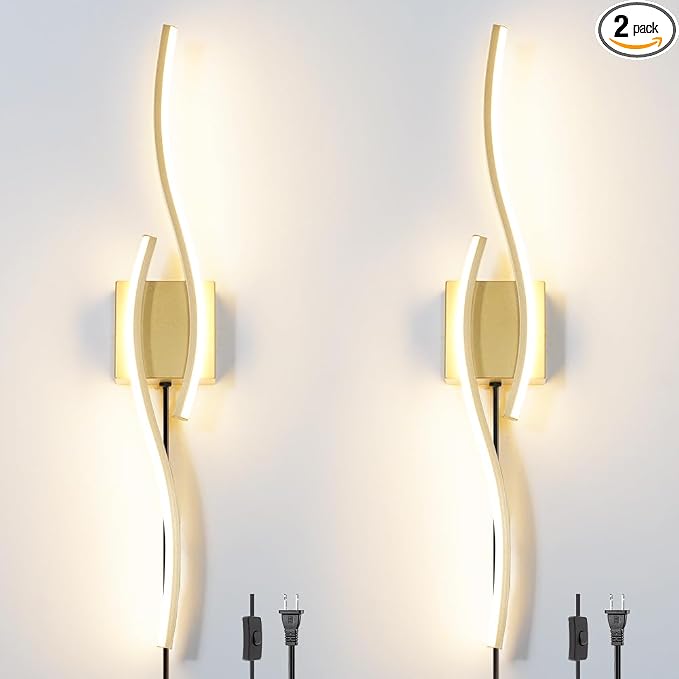Daunton Modern Gold Plug in Wall Sconce Set of 2, Indoor Dimmable Light Fixture by Daunton