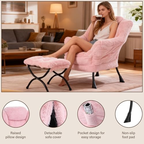 Welnow Lazy Chair with Ottoman, Reading Chair with Footrest, Soft Pink - Image 4