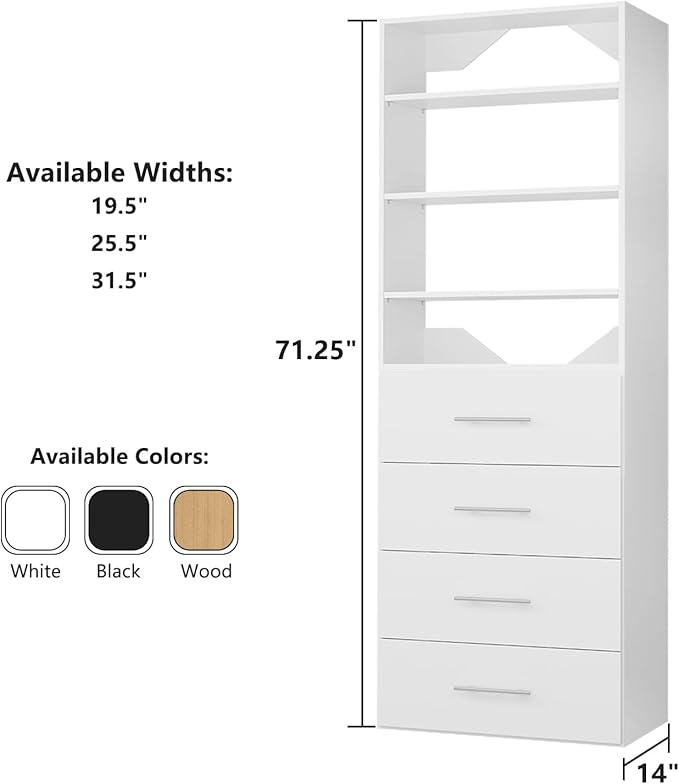 ROOMTEC Modular Closet System, 25.5" 4 Drawer Shelf Closet Tower Wall-Mounted - Image 7