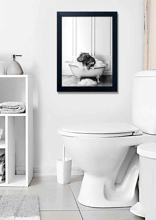 Black and White Bathroom Decor Funny Hippo in Bathtub Wall Art Framed Humor - Image 7