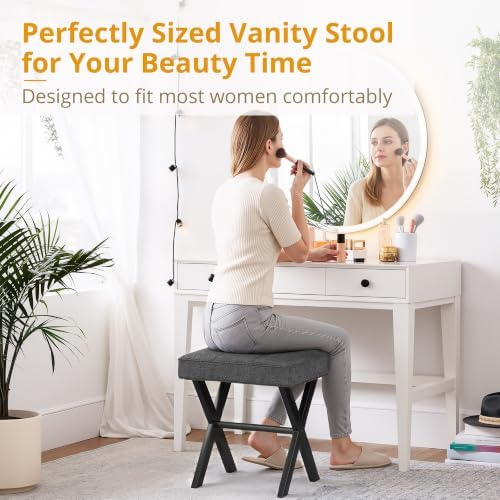 LUE BONA Vanity Stool, Square Linen Makeup Stool with Metal X Legs, Small Ottoman Stool Chair for Vanity, Modern Padded Vanity Seat Foot Rest Stool for Makeup Room, Living Room, Bathroom, Carbon Gray - Image 2
