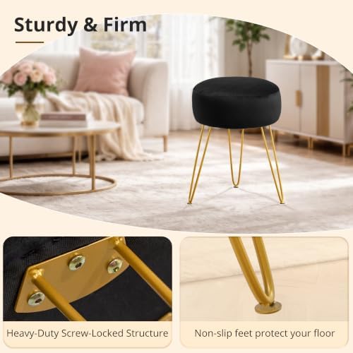 LUE BONA Vanity Stool, Black Vanity Stools for Makeup Room, Round Ottoman Foot Stool, Velvet Footrest Vanity Chair for Bathroom Vanity, Bedroom, Living Room, Entryway, Offices - Image 5