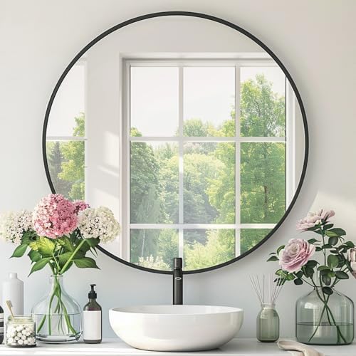 Black Round Mirror, 28 Inch Black Circle Mirror, Metal Frame Round Wall Mounted by Mfring