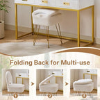 Gitrah White Vanity Chair with Storage, Folding Back Faux Fur Vanity Stool, Makeup Ottoman with Gold Legs for Bedroom/Bathroom - Image 4