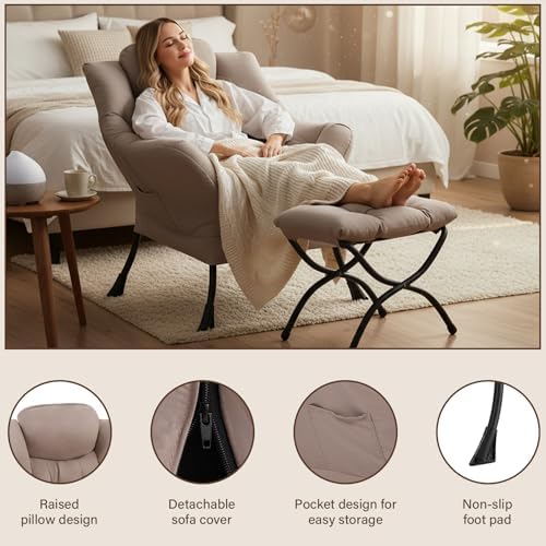 Welnow Lazy Chair with Ottoman, Reading Chair with Footrest，Khaki - Image 5