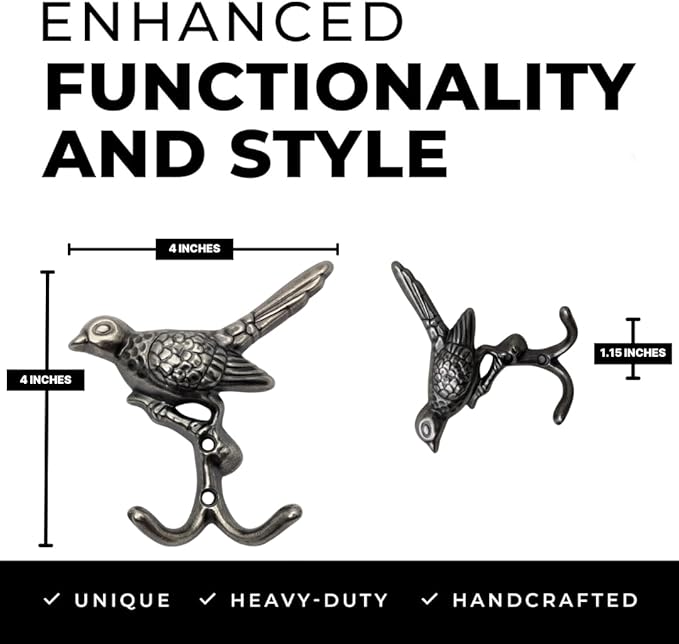 6 pcs Antique Silver Bird Decorative Wall Hooks - Image 3