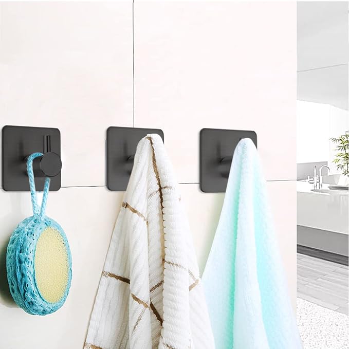 Fotosnow Black Adhesive Towel Hooks Heavy Duty Stick on Wall Hooks Shower Hooks - Image 3