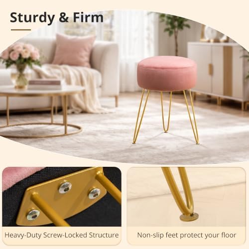 LUE BONA Vanity Stool, Pink Vanity Stools for Makeup Room, Round Ottoman Foot Stool, Velvet Footrest Vanity Chair for Bathroom Vanity, Bedroom, Living Room, Entryway, Offices, 300lbs - Image 5
