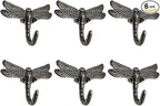 6 pcs Antique Silver Dragonfly Decorative Wall Hooks by DIYDecorHub