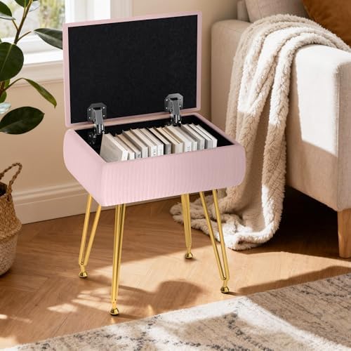 Marching Pin Vanity Stool Chair with Storage, Ottoman Faux Fur Soft Padded Makeup Footstools Seat with 4 Metal Legs Anti-Slip Adjustable Feet Modern Cute Small Footrest for Home Entryway Bedroom - Image 2
