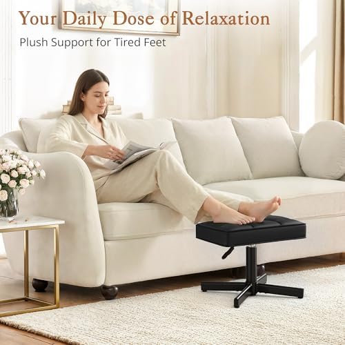 LUE BONA Adjustable Vanity Stool, Foot Rest Under Desk, 360° Swivel Vanity Chair for Makeup Room, Black Upholstered Faux Leather Ottoman for Bathroom & Living Room, 300lbs - Image 5