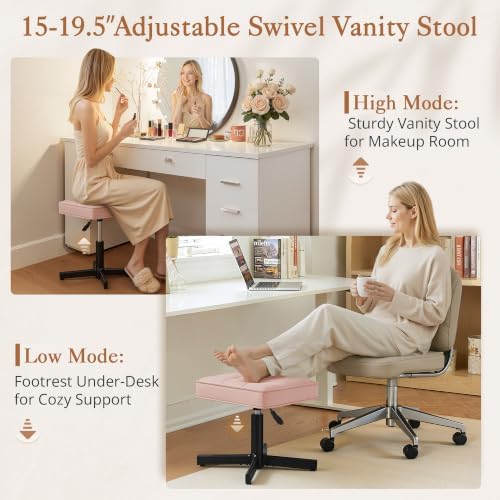 LUE BONA Adjustable Vanity Stool, 15''-19.5'' Foot Rest Under Desk, 360° Swivel Vanity Chair for Makeup Room, Pink Upholstered Faux Leather Ottoman for Bathroom & Living Room, 300lbs - Image 3