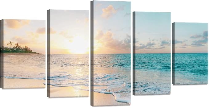 Goldfoilart 5 Pieces Beach Sunset Canvas Wall Art Blue Sea Prints Romantic - Image 8