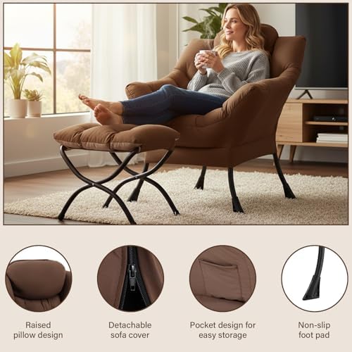 Welnow Lazy Chair with Ottoman, Reading Chair with Footrest,Dark Brown - Image 4
