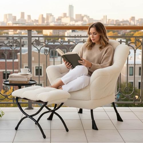 Tiita Lazy Chair with Ottoman, Comfy Reading Accent Chair, Plush Beige - Image 3