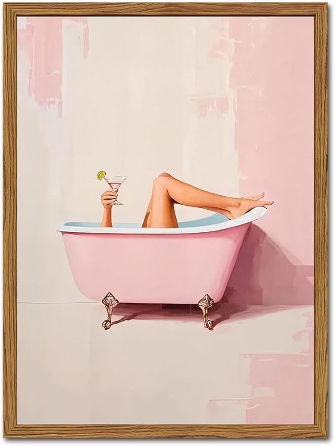 Funny Pink Girl Bathroom Wall Art, Cute Girly Bathtub Wall Decor Painting by YYNISPINWallArt