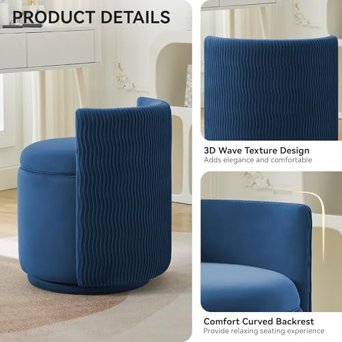 WUTUTUEE Velvet Vanity Chair with Storage, 360° Swivel Makeup Chair with Wave Back, No Assembly Small Accent Stool for Bedroom, Dressing, Living Room, Blue - Image 3