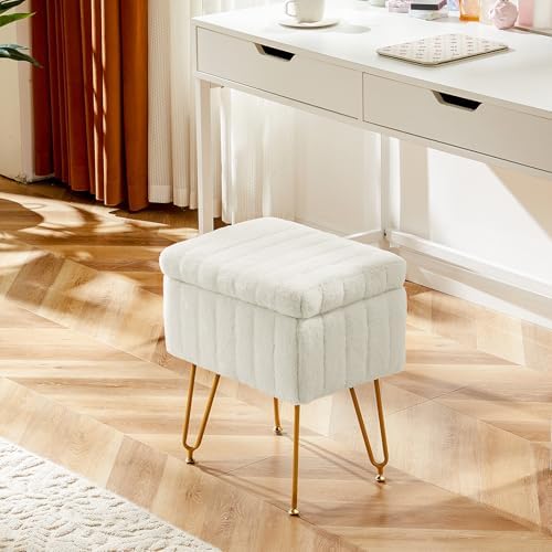 DUMOS Vanity Stool Chair Ottoman with Storage, Makeup Cute Soft Small Footstool Modern Style Faux Fur Seat with 4 Metal Legs & Adjustable Feet for Dressing Living Room Bedroom Dorm - Image 2