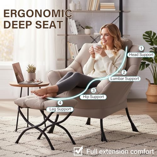 Welnow Lazy Chair with Ottoman, Reading Chair with Footrest，Khaki - Image 4