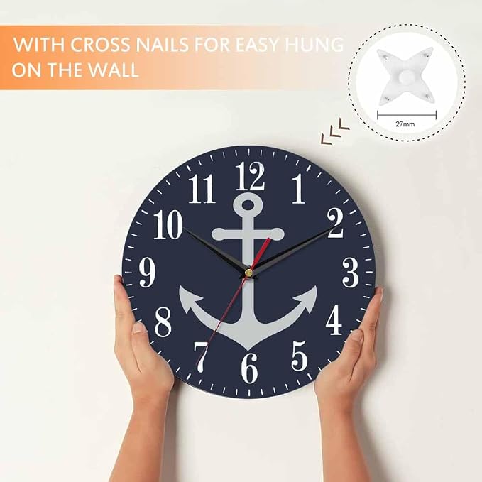 Mxocom Anchor Wall Clock Boat Anchor Marine Navigation Blue 10 Inch Silent Non - Image 4
