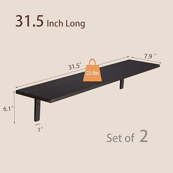 DINZI LVJ Long Wall Shelves, 31.5 Inch Wall Mounted Shelves Set of 2, - Image 3