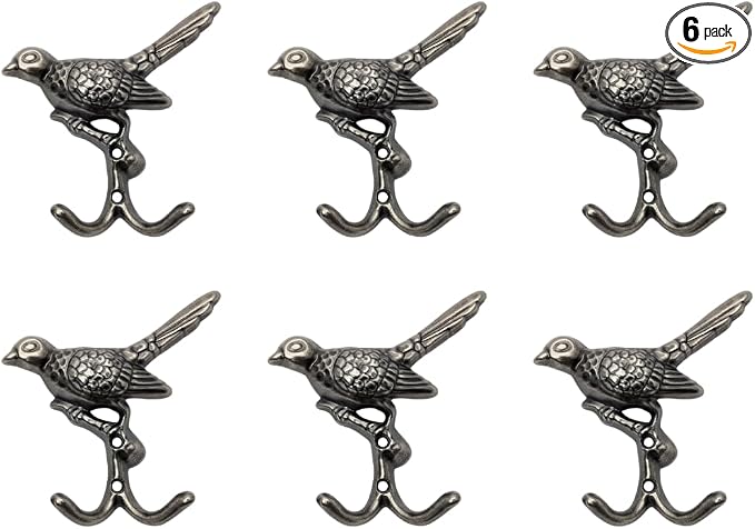6 pcs Antique Silver Bird Decorative Wall Hooks by DIYDecorHub