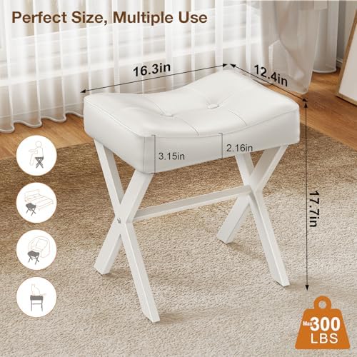Memobarco 18-Inch Leather Vanity Stool Chair, White Makeup Stool - Image 2