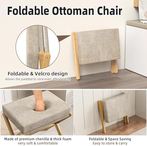 BAMBOOHOMIE Foldable Foot Stool Ottoman, Modern Foot Rest with Bamboo X Legs & Thick Foam Cushion, Folding Foot Stools Small Padded for Bedroom Living Room, Footstool for Chair Couch (Natural - Brown) - Image 4